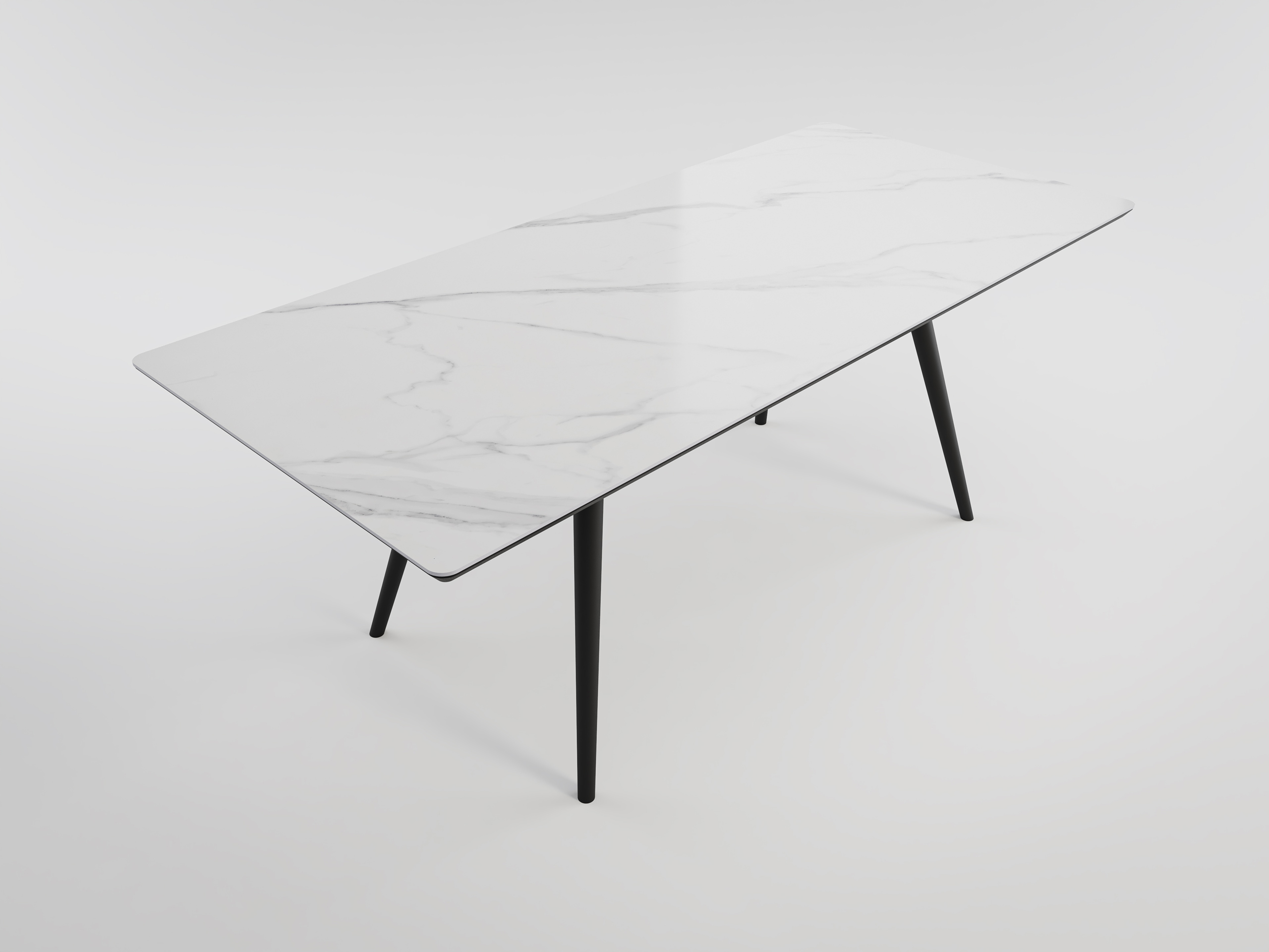 Esszimmertisch RIGA 200x90cm weiße Keramikplatte schwarze konische Tischbeine