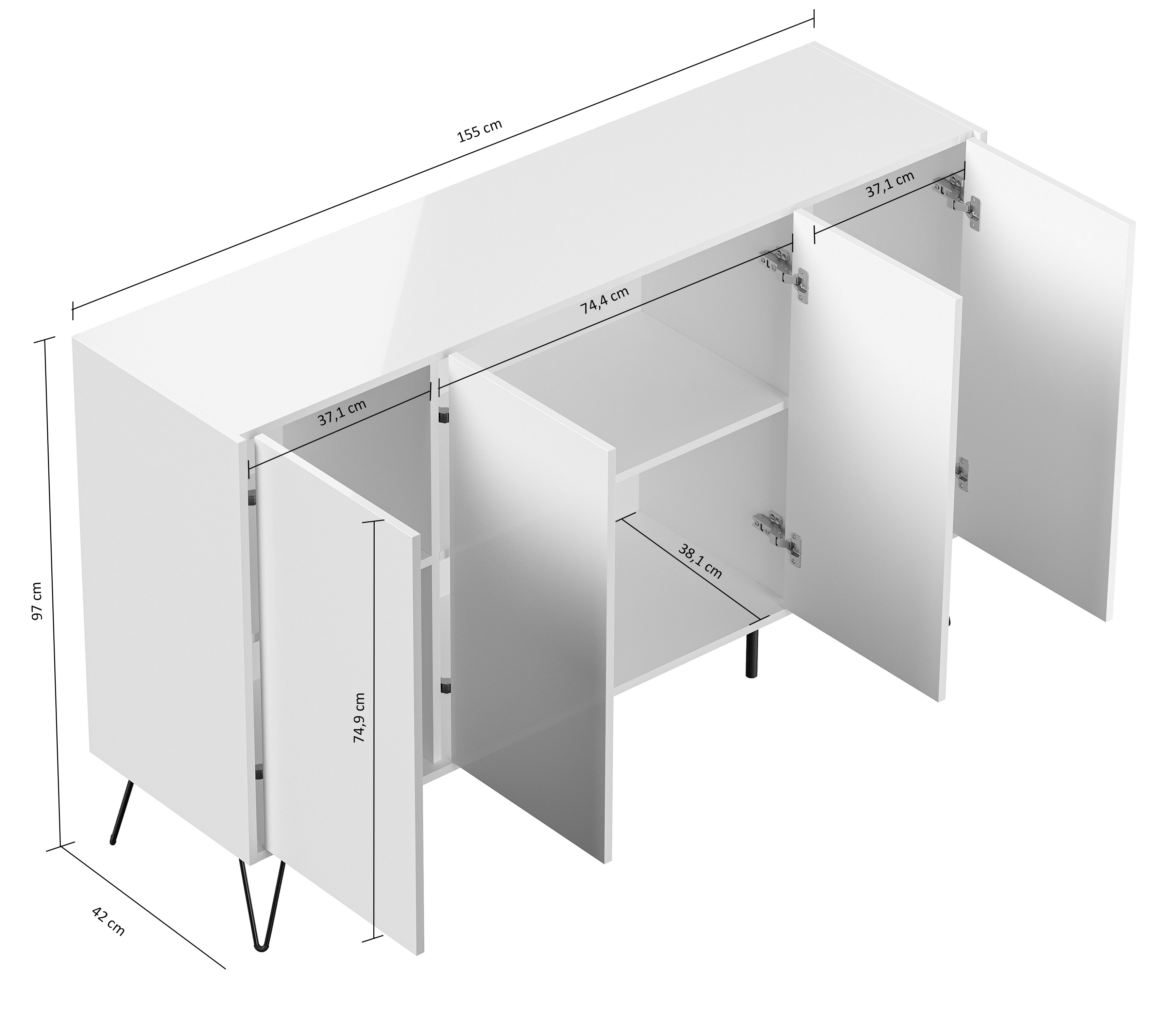 Design Sideboard Kommode Rana 155cm 4 Softclose Türen Weiß/Eiche Front