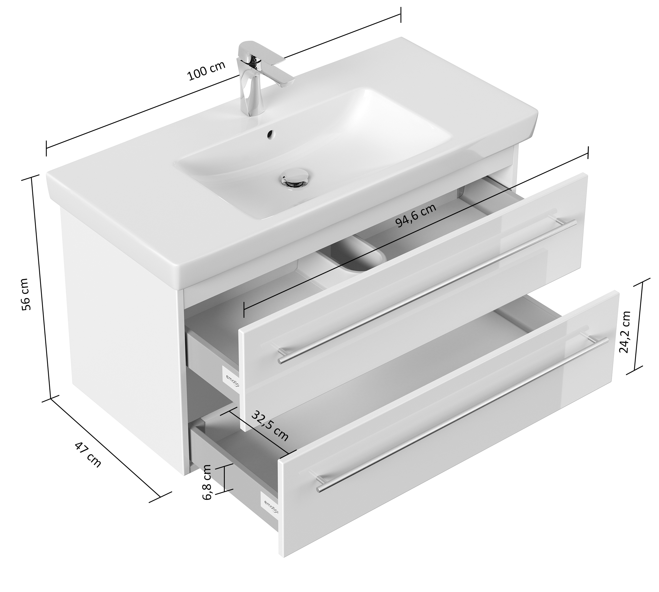 Badmöbel Set 3tlg mit V&B Subway 2.0 Waschbecken 100cm vormontiert weiß hgl