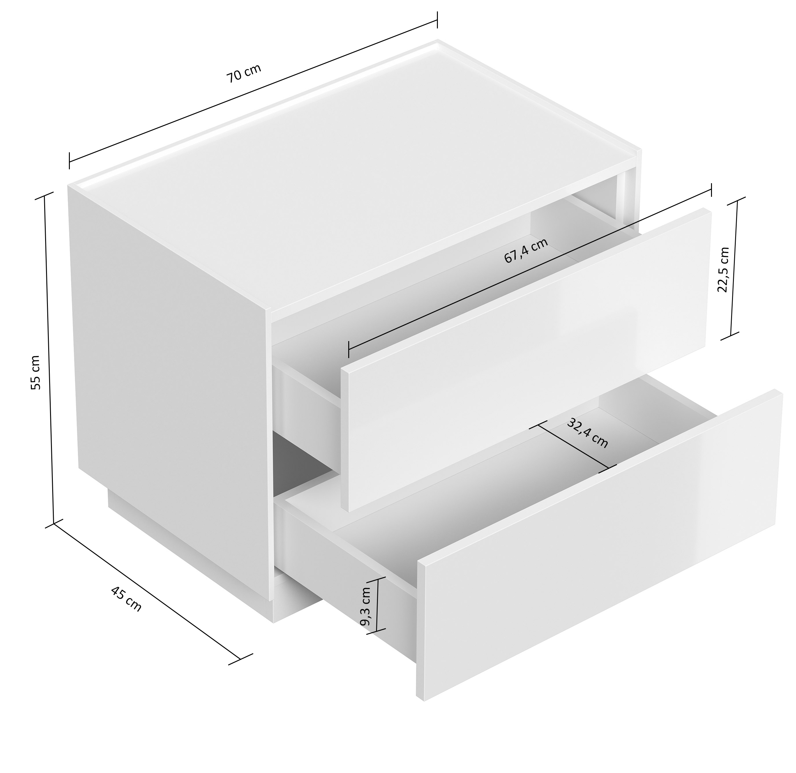 Design Nachttisch Kommode Concepto XL 70cm, 2 Pushauszüge lackiert Weiß Hgl