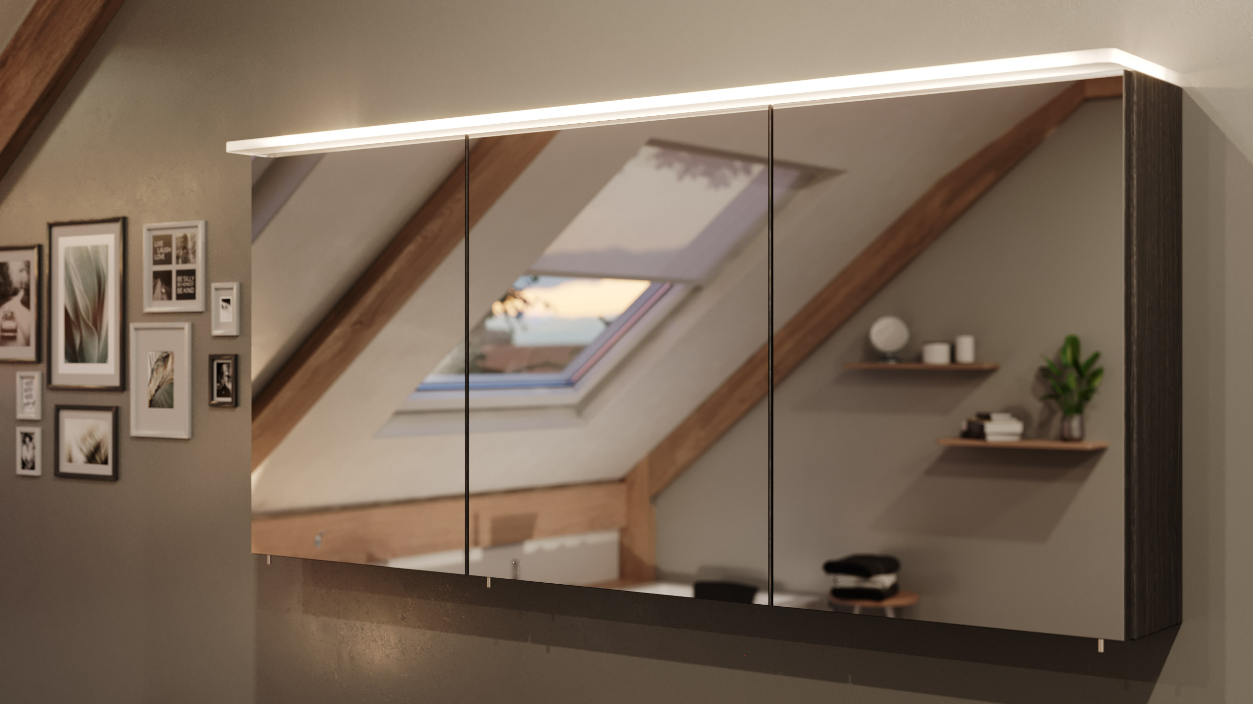 Spiegelschrank 140cm inkl. Design Acryl-Lampe und Glasböden anthrazit gemasert