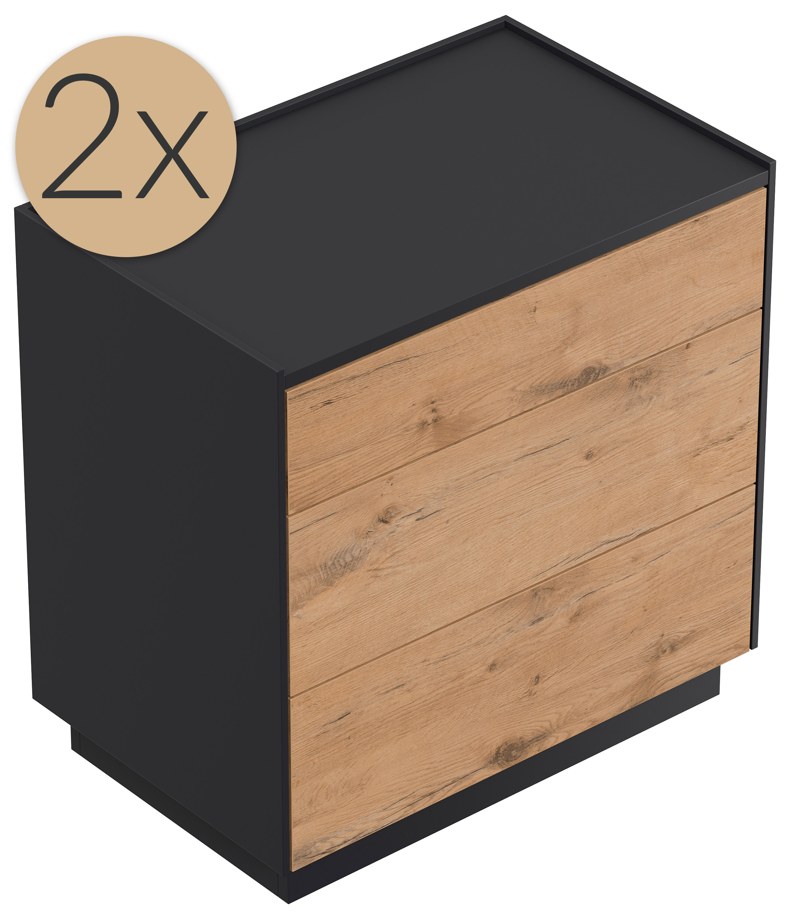 2er Set Nachttisch Kommode Lux XL 70cm, 3 Pushauszüge Oak für Boxspringbett