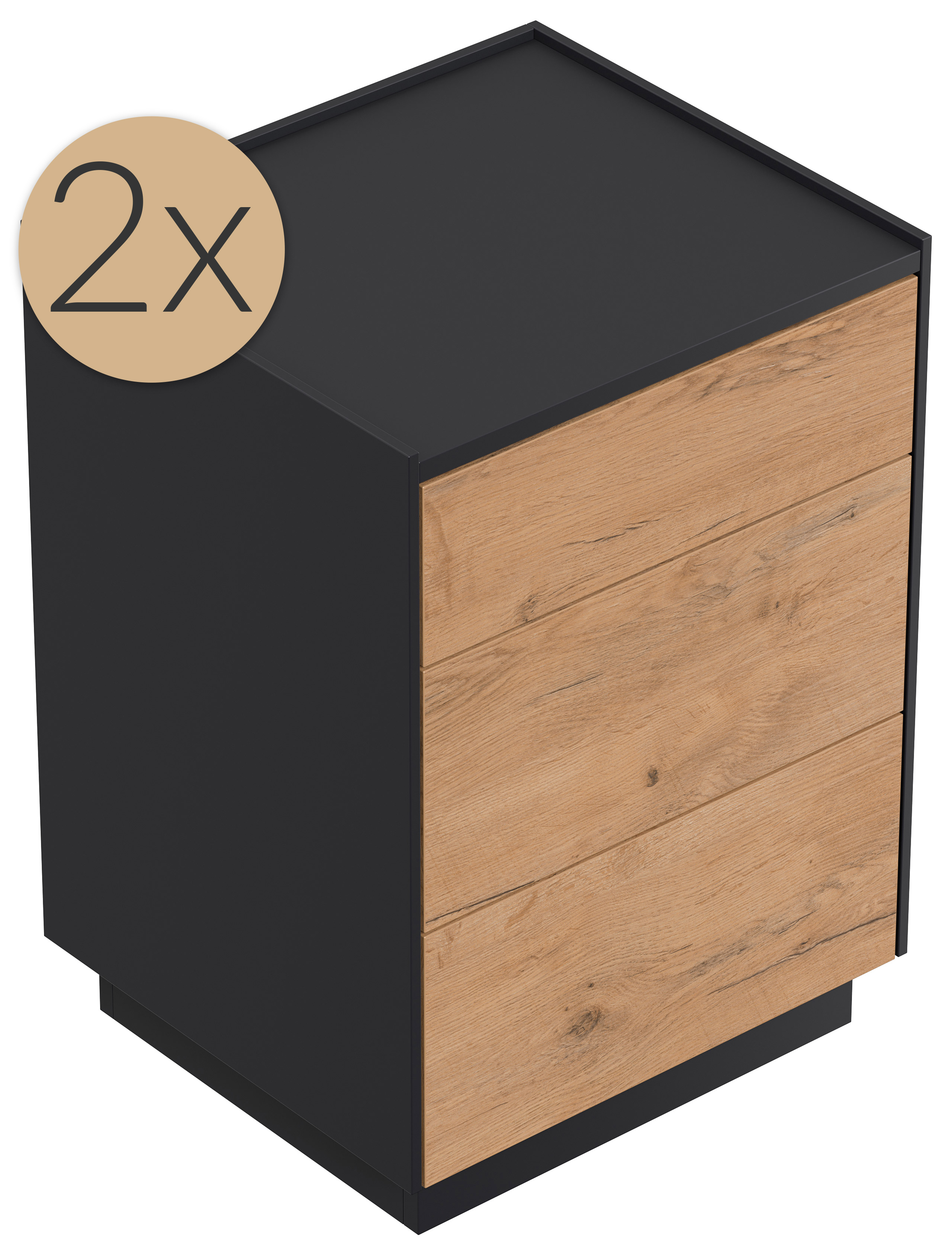 2er Set Nachttisch Kommode Lux M 50cm, 3 Pushauszüge Oak für Boxspringbett