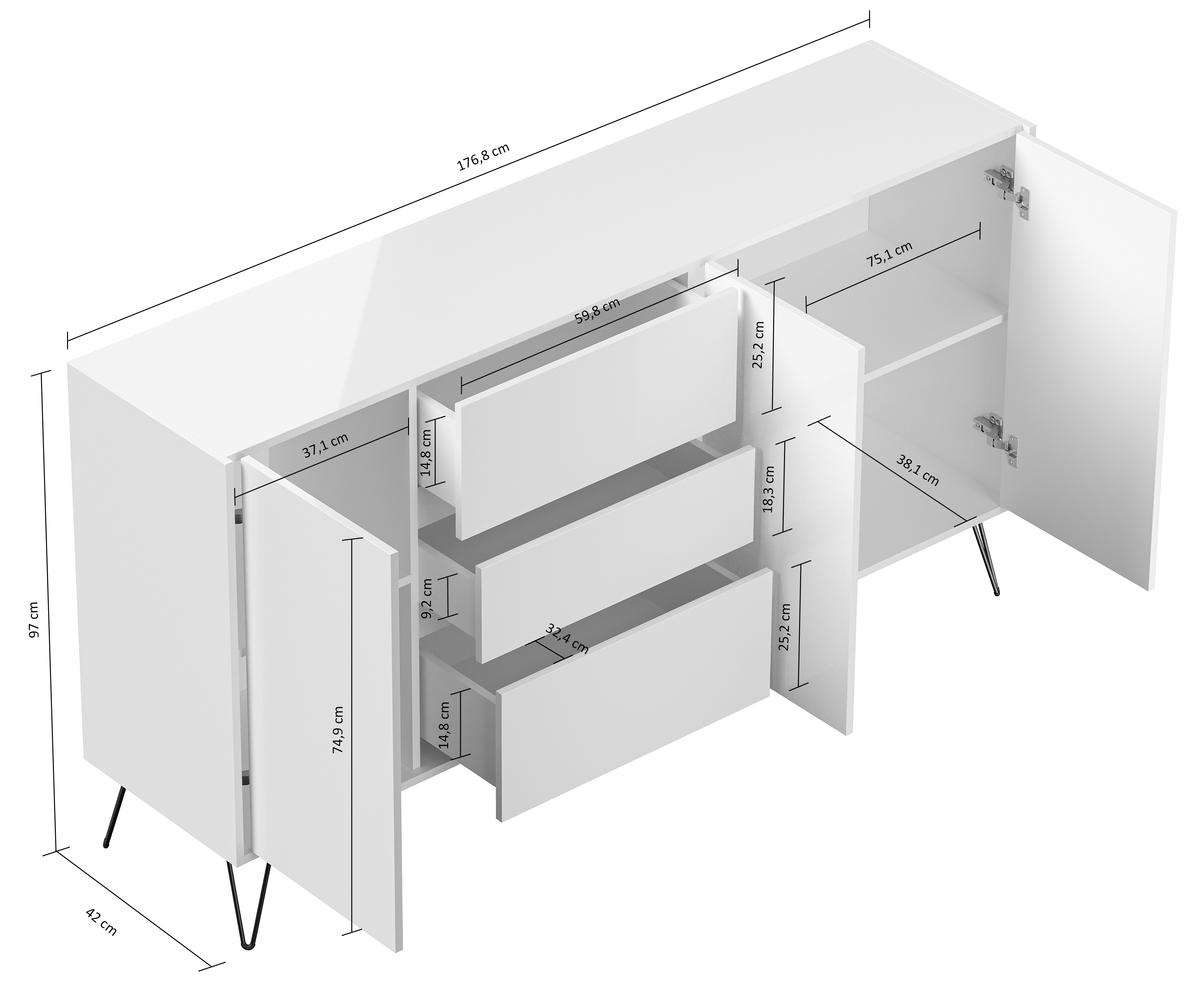 Design Sideboard Kommode Zuma 180cm Greifraum 3 SoftClose 3 Türen Weiß/Eiche Top