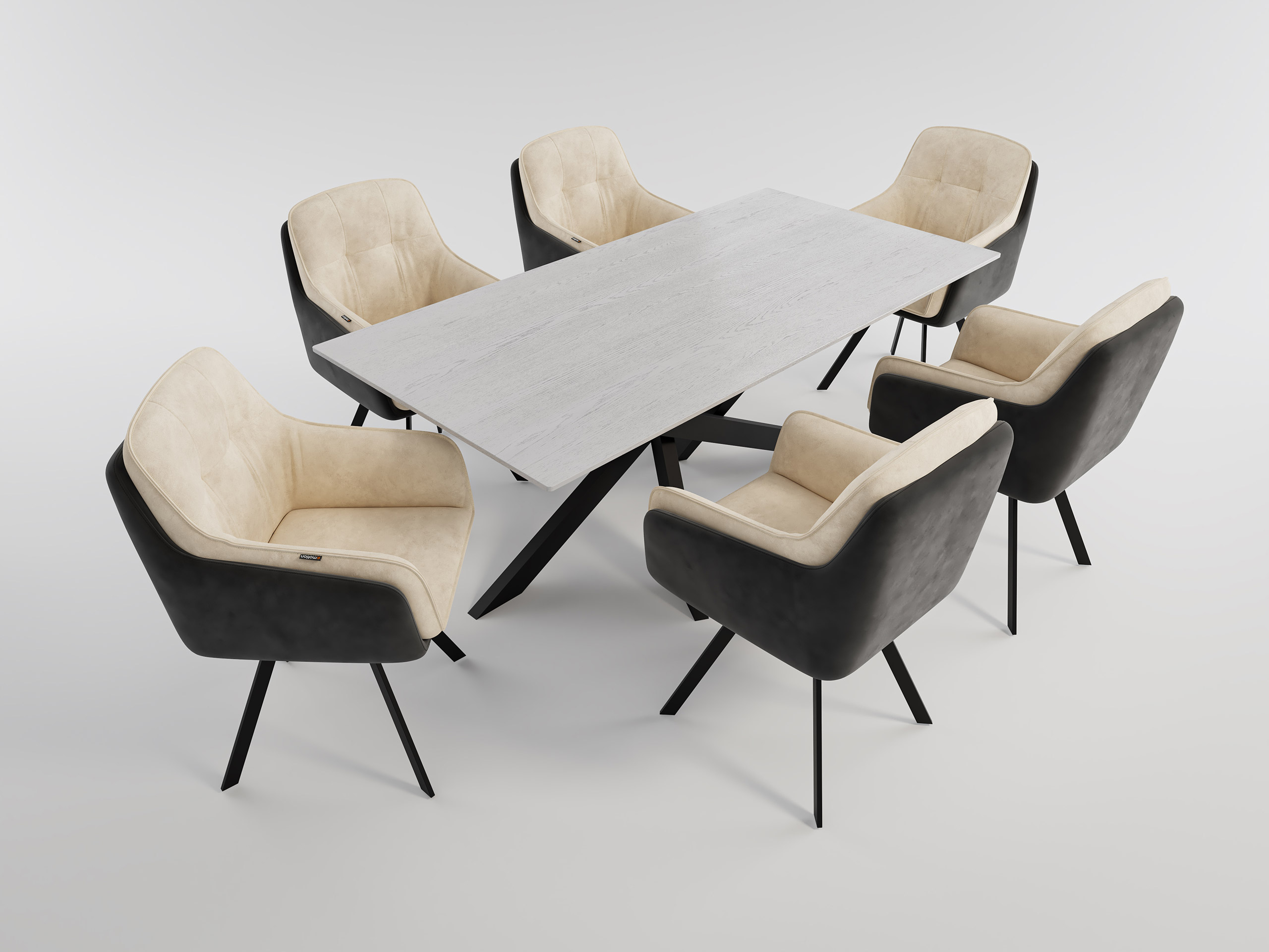Esstisch mit 6 Stühlen Kunstleder beige ELLEN 180 Walnuss Furnier lackiert