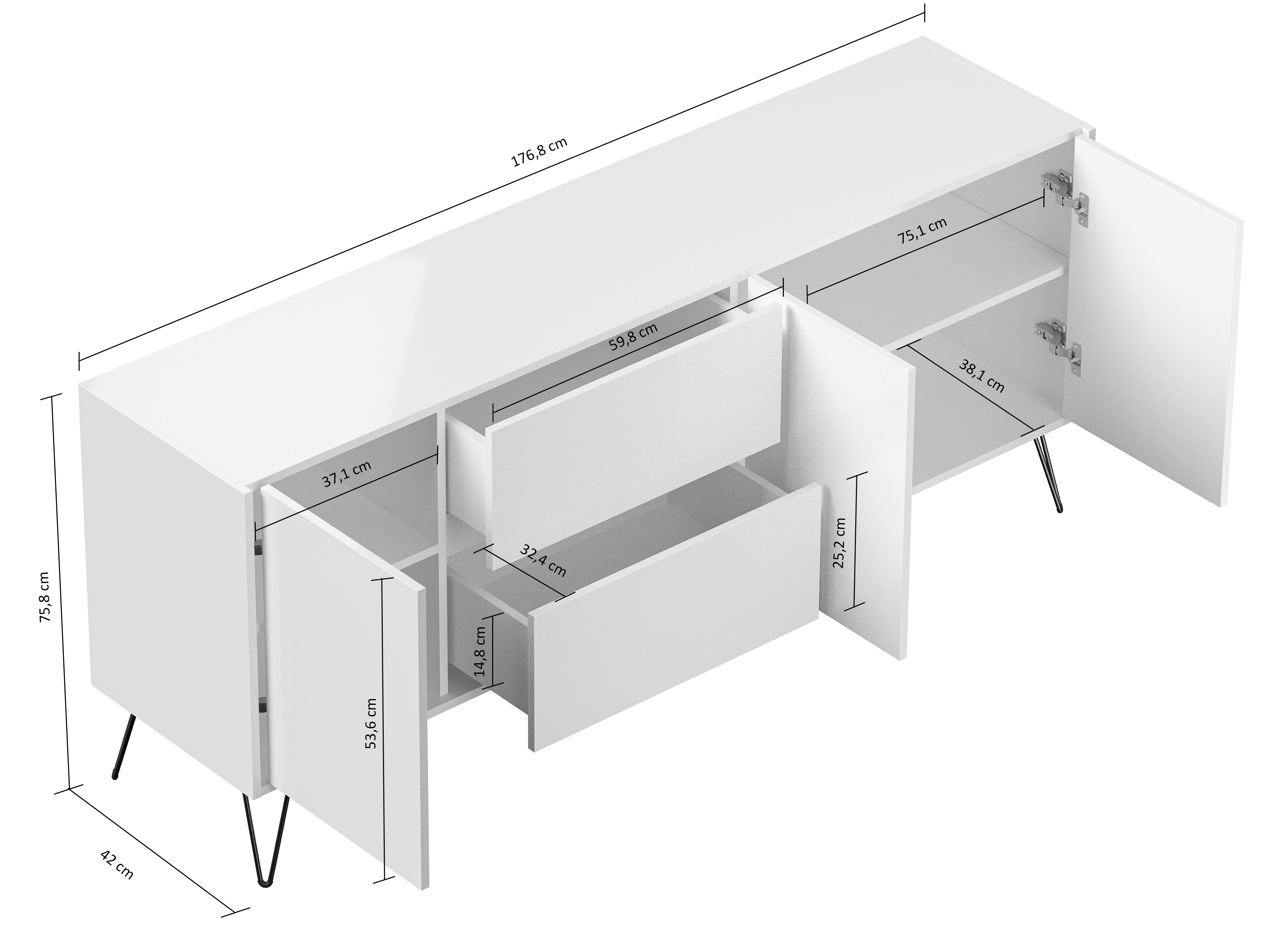 Raumwunder XL Sideboard Kommode Pharo 180cm 2 SoftClose 3 Türen Weiß/Eiche Top