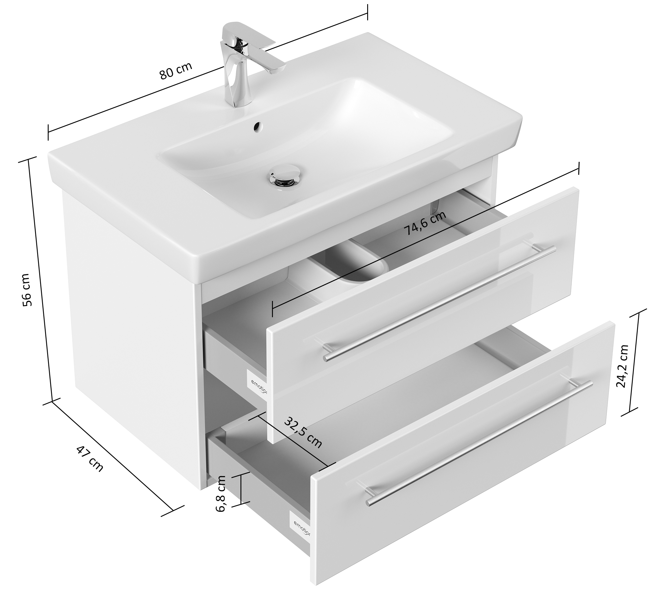 Badmöbel Set 3tlg mit V&B Subway 2.0 Waschbecken 80cm vormontiert Weiß Hochglanz