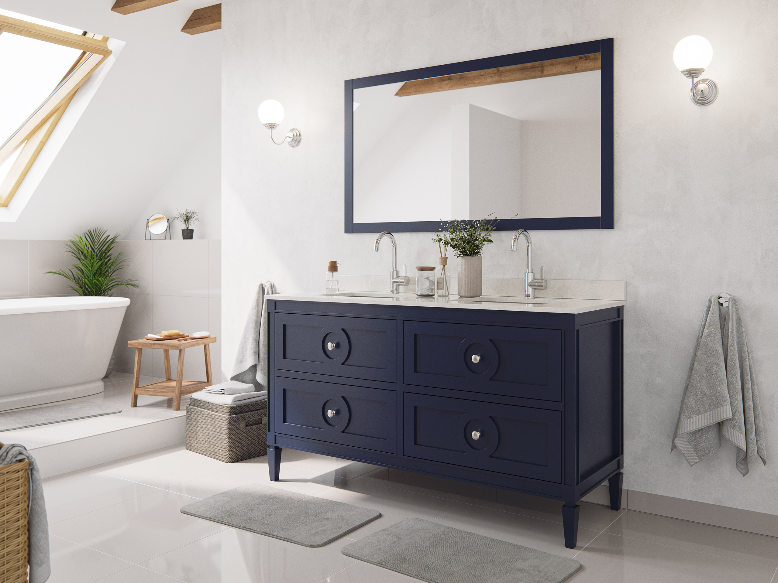 Landhaus Badmöbel-Set 2tlg Lavanda 150 Quarz Carrara montiert blau lackiert