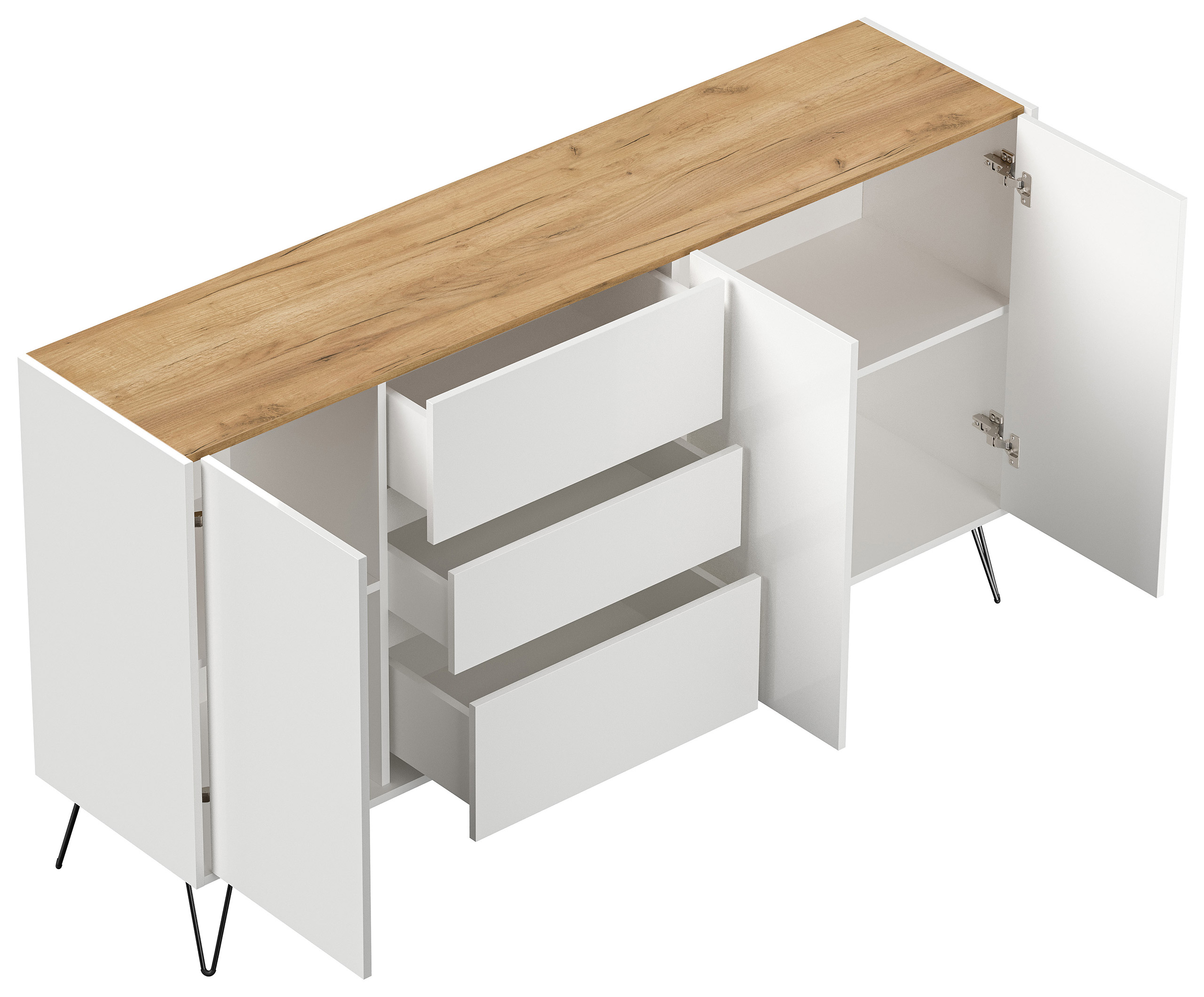 Design Sideboard Kommode Zuma 180cm Greifraum 3 SoftClose 3 Türen Weiß/Eiche Top