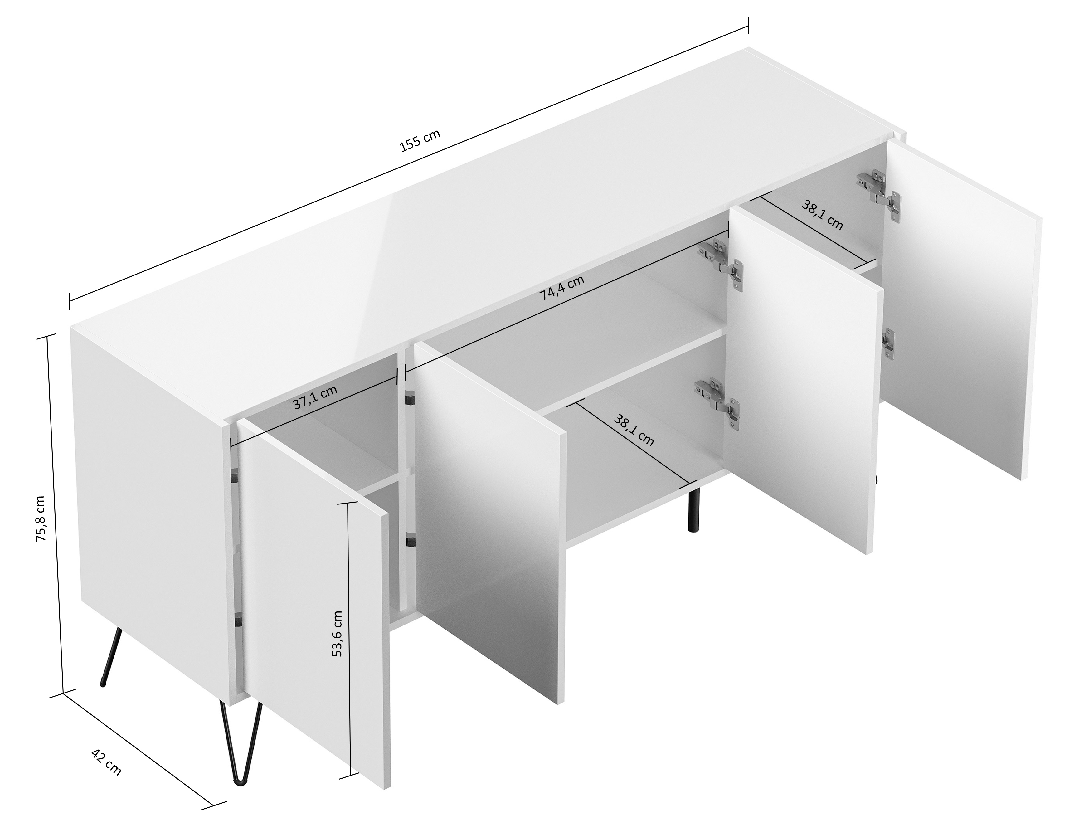 Raumwunder XL Sideboard Kommode Maxim 155cm stehend 4 Türen Weiß/Eiche Top