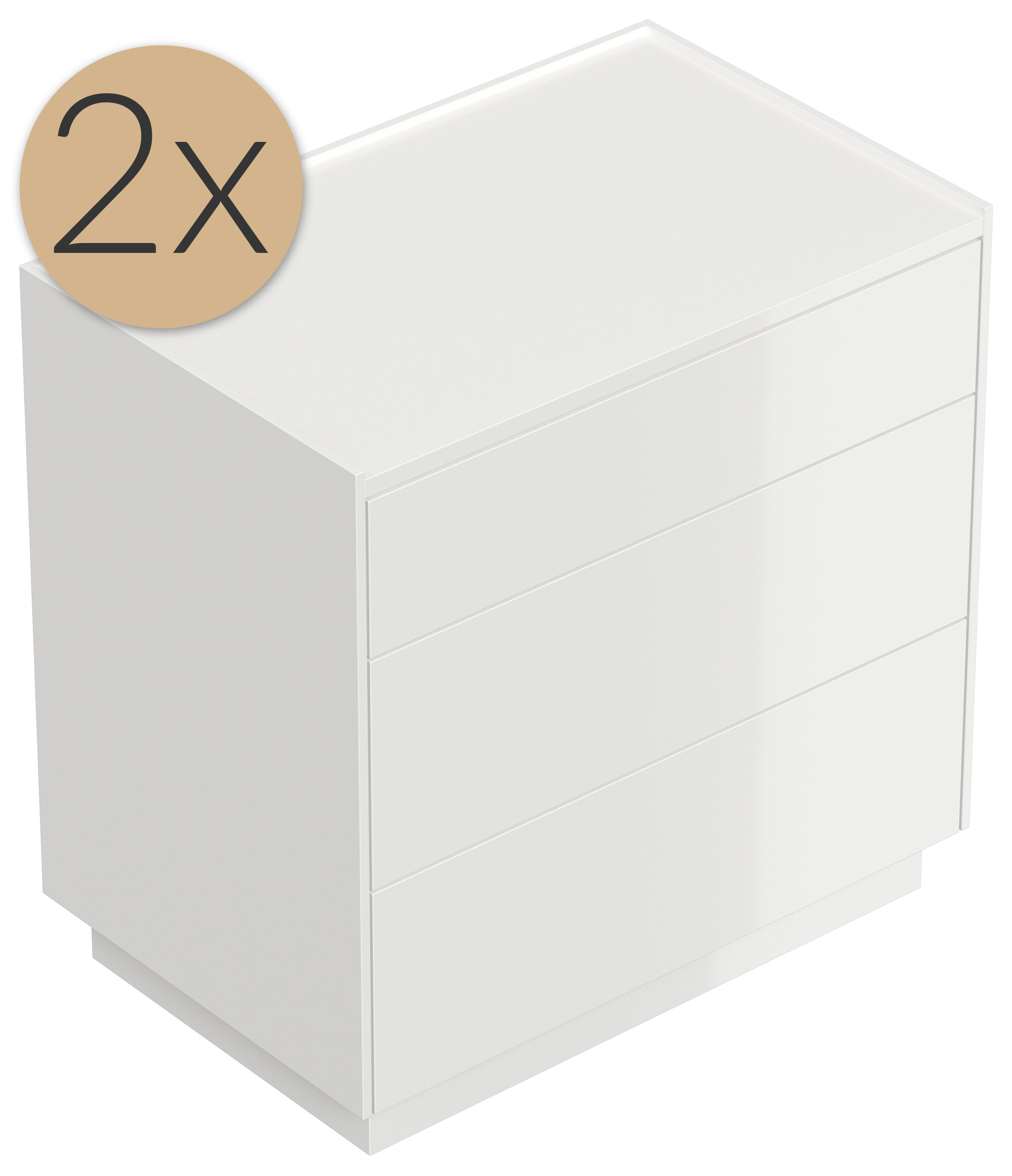 2er Set Nachttisch Lux XL 70cm, 3 Pushauszüge lackiert Weiß Hgl